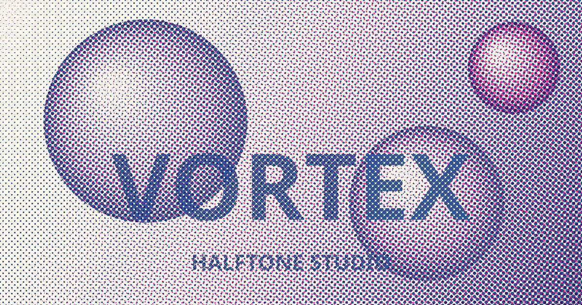 A two-ink risograph halftone rendered by Vortex: blue and fluorescent pink dots forming spheres and the word VORTEX